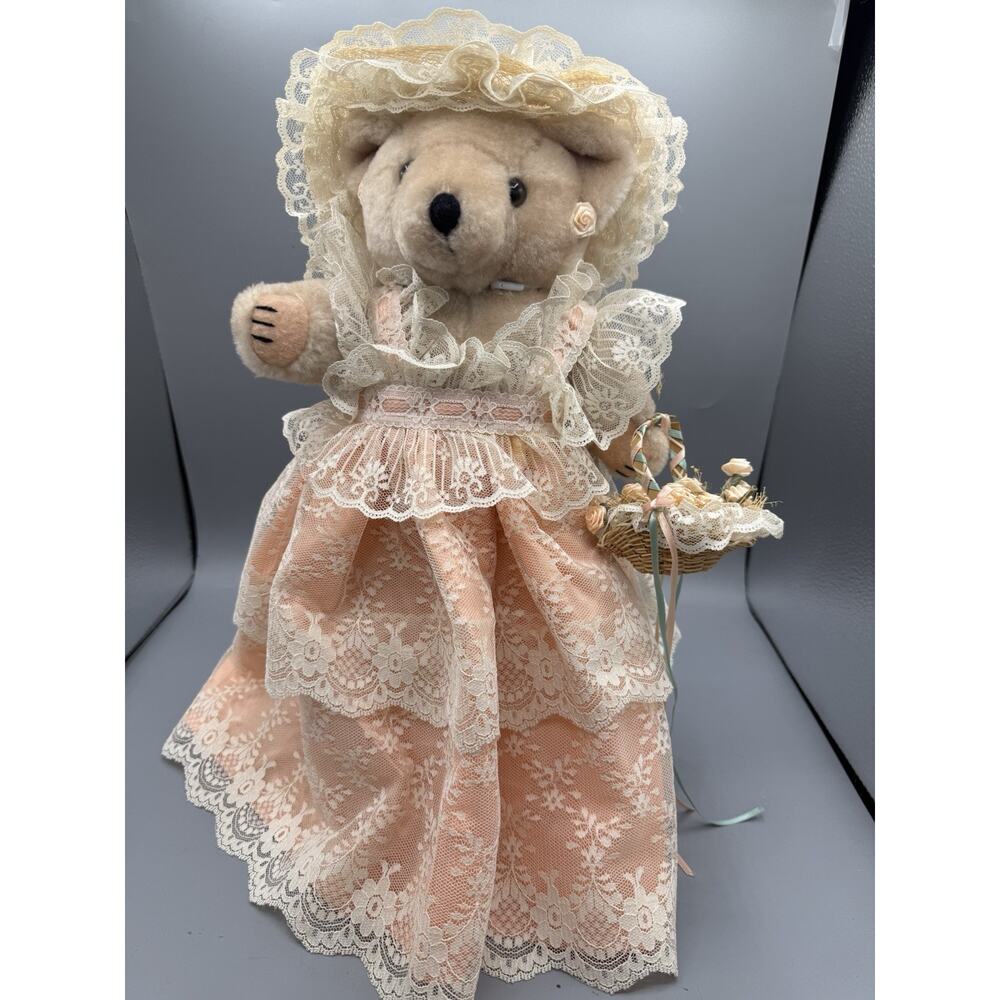 Vintage Victorian Style Teddy Bear Lace Dress Bonnet Basket Plush 14”